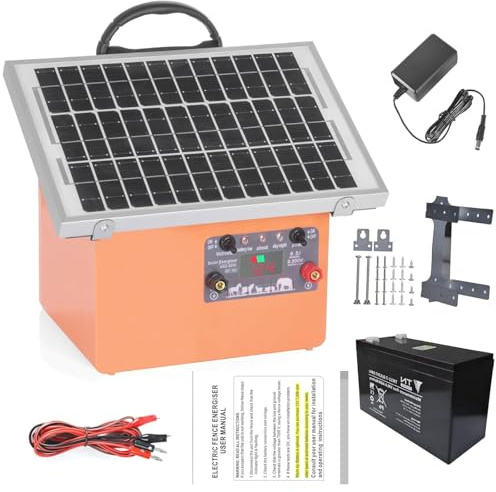 Elektrischer Weidezaun 32 km Solar Weidezaungerät 230V Elektrozaun mit 5W Solarpanel,Spitzenspannung 9500V weidezaungerät komplett mit AKKU für Pferde,Tiere,Solar Zaungerät für Bauernhof,Rasen,Garten