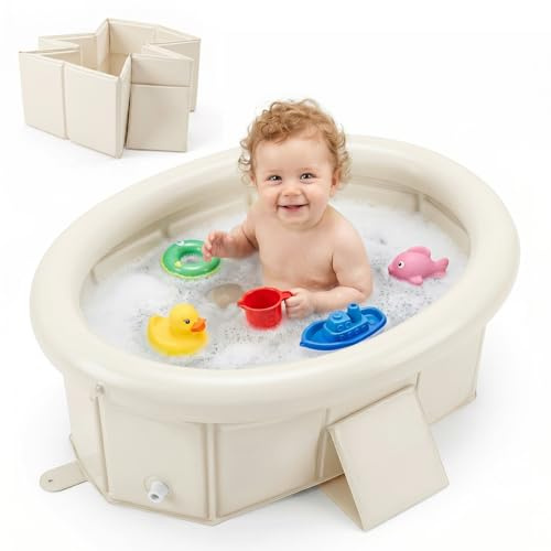 Orzbow Baby Badewanne mit Aufblasbarem Oberrand für 6M+, Cremeweiß | Faltbare Badewanne Kinder, Tragbare Babybadewanne, Leicht zu Reinigen, Stabil & Langlebig, ohne Montage, Baby-Reise-Essential