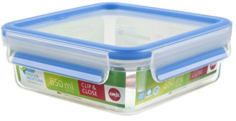 EMSA Clip & Close Frischhaltedose, quadratisch, 0,85 L, mit Deckel, Aufbewahrungsbox, 100 Prozent dicht, spülmaschinen-, gefrier-, mikrowellenfest, Transparent, Blau, Made in Germany, 508536