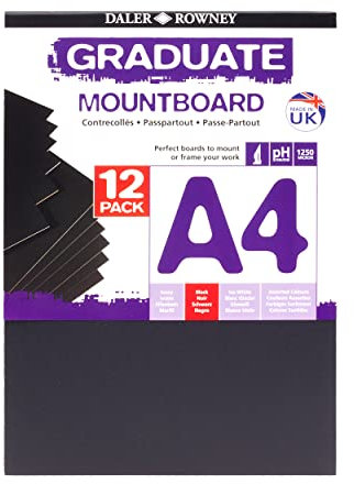 Daler-Rowney Graduate Cream Core A4 Mountboard Pack, 12 x Black Smooth Surface, 1.25mm Thick, For Student Artists & Hobbyists