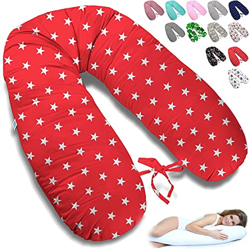 ekm trade 170cm XXL Stillkissen Schwangerschaftskissen Lagerungskissen Seitenschläferkissen große Farbwahl Handmade Baumwolle 100% aus Zertifizierte Materialien (11 – Rot – Weiße Sterne)