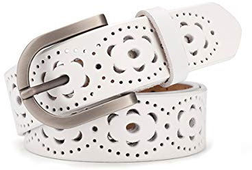 lalafancy Ceinture Vintage Véritable en cuir de vachette pour femme Mode Creuse Fleur Design Ceinture pour femme avec boucle en alliage pour Jean (Banc)