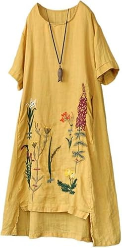 Minibee Women's Embroidered Linen Dress Summer A-Line Sundress Hi Low Tunic Clothing Yellow XL