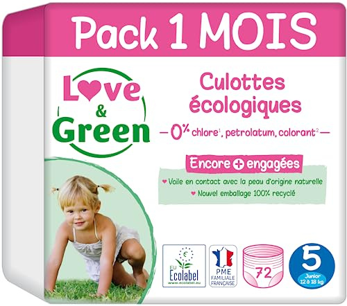 Love & Green - Pañales Braguitas Saludables y Ecológicos Talla 5 (12 a 18 kg) Pack de 1 Mes (72 braguitas) - Absorbentes, anti-fugas y sin ingredientes indeseables