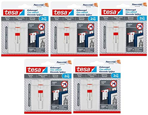 tesa Verstellbarer Klebenagel für Tapeten und Putz/Selbstklebender Nagel von tesa Powerstrips / 10 x 1 kg Halteleistung