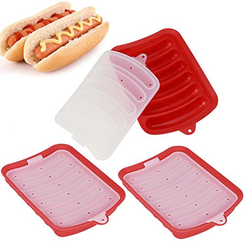 Zerodis Silicone Sausage Mold Non-Stick, 3 Pack DIY Children's Hot Dogs Baking Mold BPA Handmade Sausage Hamburger Tray Baby Food Mould, 6-Cavity (Red&Green)(Red)