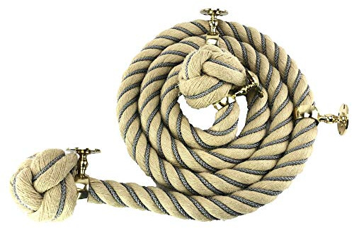 24mm Synthetic Polyhemp Grey Wormed Bannister Handrail Stair Rope x 14 FT c/w 4 Standard Polished Brass Fittings