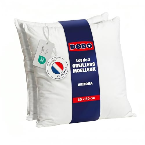 DODO - Lot de 2 Oreillers Ultra Doux 60x60 cm - Confort Moelleux - Enveloppe 100% Polyester Toucher Peau de Pêche - Garnissage 100% Polyester Volupt'Air - Lavable en Machine à 40°C