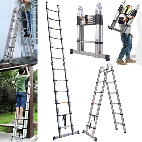 Telescopic Ladders 3.8M (1.9m+1.9m) Heavy Duty Stainless Steel Folding Ladder Portable Multi-Purpose Extendable Extension Ladder A-Frame Safety Locking Step Ladder, 330lbs/150KG Capacity