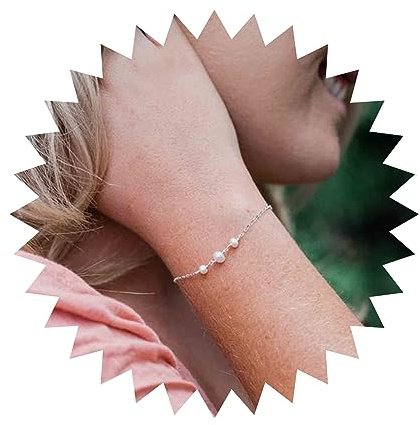 Yheakne Boho Winzige Perle Armband Siler Drei Perlen Kette Armband Süßwasserperlen Perlen Armband Alltag Armband Minimalistische Hand Kette Schmuck Für Frauen Und Mädchen Brautjungfer(Silber)