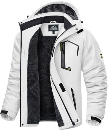 KEFITEVD Uomo Impermeabili Lana Giacche Impermeabili Sci Caldi Inverno Cappotti Termici Esterni Cappotti con Cappuccio Rimovibile, bianco, L