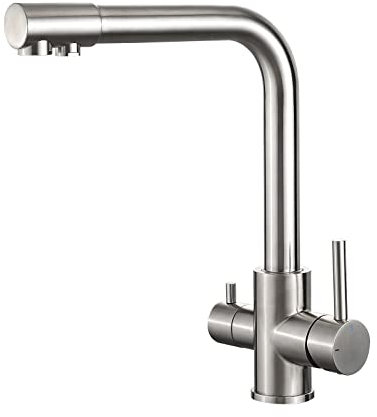 3-Wege Küchenarmatur (Trinkwasserhahn mit 360° Drehbarkeit, Doppelhebel, 3-in-1 Funktion für Wasserfilter, Heiß- und Kaltwasserauslauf, Hochdruckarmatur, mit 3 Schlauches 50 cm) Edelstahl Gebürstet