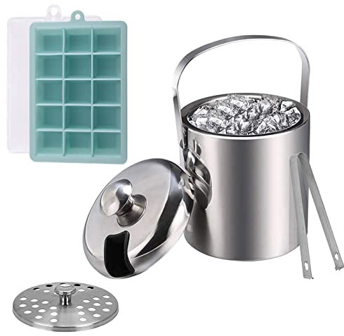 Lamker Eiskübel mit Deckel Zange Eiszange und Silikon Eiswürfelform 3L Klein Eiseimer Edelstahl Metall Eisbehälter Eiswürfelbehälter Eiskühler Ice Bucket für Hausbar zum Kühlen Bier Champagner Wein