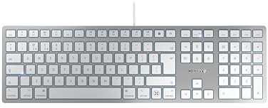 CHERRY KC 6000C for MAC, Kabelgebundene Mac-Tastatur (USB-C Anschluss), UK-Layout (QWERTY), Flüsterleise Tasten, Flaches Design, Weiß-Silber