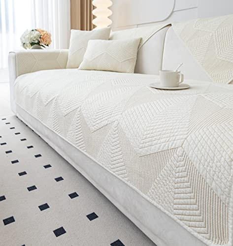 vctops Farmhouse Solid Color Embroidery Sofa Couch Cover Cotton Quilted Sectional Couch Covers Washable Non Slip Sofa Slipcover for Dogs, Children, Pets Furniture Protector (Cream,28x59)