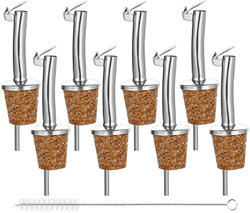 Welsberg 8x vertedores de botellas corcho y 1x cepillo de limpieza, boquillas aceite in acero inoxidable con tapón antigoteo, vertedor dosificador aceite, vino, vinagre