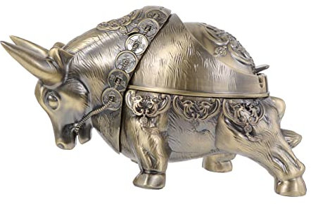 Warmhm Chinesischer Zigaretten Aschenbecher Aus Zinklegierung Runder Tisch Aschenbecher Mit Deckel Dekorative Bullenskulptur Für Zuhause Büro Und Terrasse Winddicht Und Praktisch