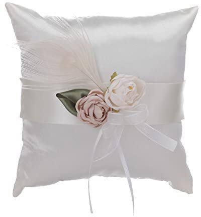 iSpchen Ringkissen Ringträger Kissen Hochzeit Deko Ehering Kissen Traukissen Florale Spitzenband Ringe Kissen Feder Eheringkissen für Hochzeitszeremonie