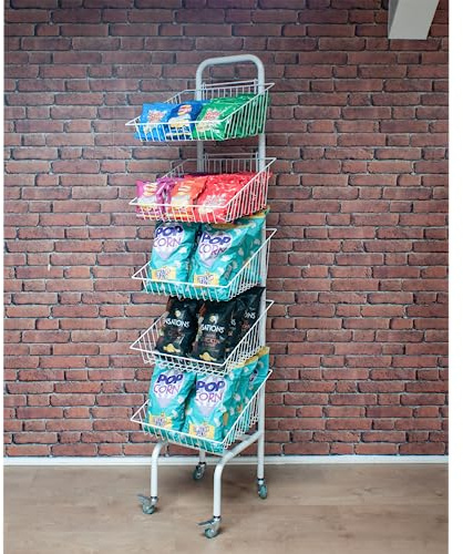 Display Stands 5 Tier White Basket Stand for Bread, Crisps, Confectionary, Toys, Vegetables - Shop and Home Storage (Q5) (Without Wheels)
