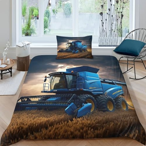HOTGE 3D Gedruckter Mähdrescher Kinderbettwäsche Single（135x200cm）+Kissenbezug Jungen Traktor Bettwäsche Deckung Set Mit Reißverschluss Weich Mikrofaserbettwäsche