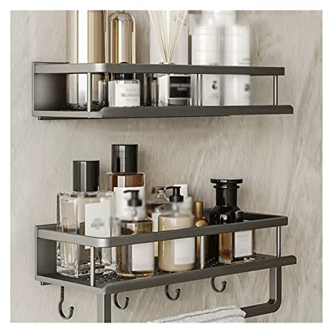 GLigeT Storage Rack Toilet Washstand Double Layer Simple Storage Rack with Hook and Towel Rack Kitchen Counter Metal Storage Rack Wall Perforated Storage Rack (Size : 60)