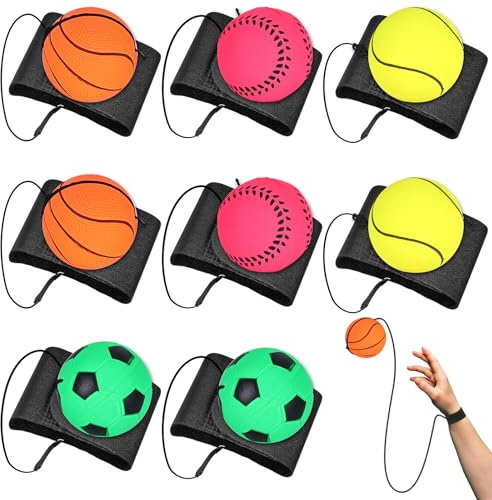 Ball mit Schnur, 8 Stück Handgelenk- und Hüpfball, Ø 6cm, Handtrainer und Stressabbauball, Sport-Spielzeug für Kinder und Erwachsene