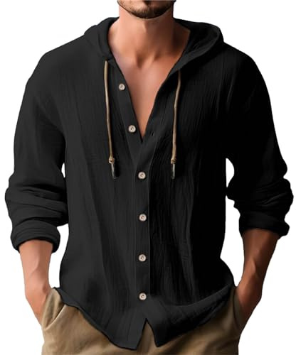 Camisas guayabera de lino con capucha para hombre, para verano, casual, cuello en V, manga larga, con cordón, sudaderas con capucha y botones, estilo hawaiano, para playa, hippie, blusa suave, Negro