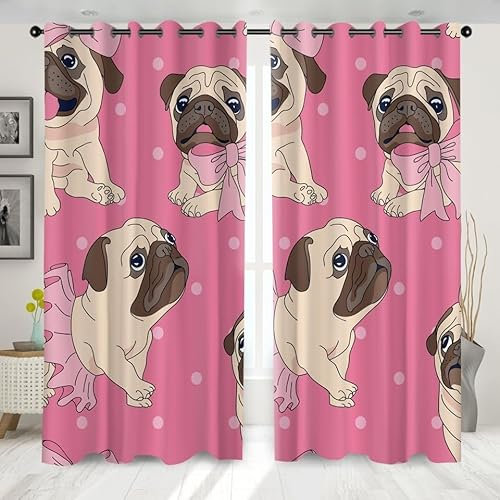 EXSANLIEAY Verdunklungsvorhänge Bulldogge, Vorhang Blickdicht Rosa Vorhänge mit öSen 2er Set für Schlafzimmer Kinderzimmer, Deko Gardinen Wohnzimmer - B140 x H260 cm