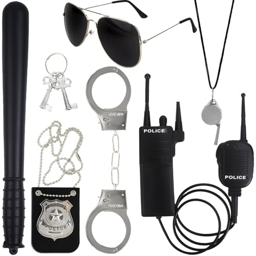 Polizei-Zubehör, Halloween-Kostüm für Erwachsene und Kinder, Outfit mit Abzeichen und Handschellen, Sonnenbrille für Damen und Herren, Kostüme für Party, Rollenspiel, Cosplay, 6-teilig