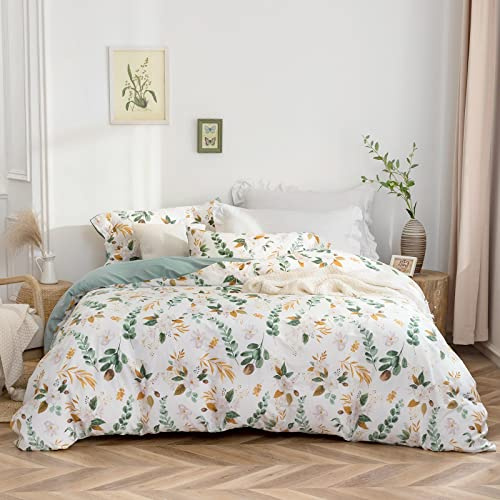 SOULFUL Bettwäsche 155x220 Baumwolle Florales Muster, ÖKO-TEX, Kaelyn | 100% Baumwolle, gewaschene Leinenoptik, Reißverschluss, 1x Bettbezug 135x200 cm & 1x Kissenbezug 80x80 cm