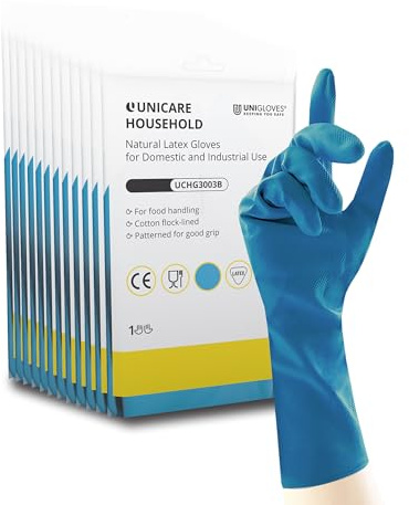 UNIGLOVES Unicare Household Blue - Latex Reusable Household Gloves for Cleaning, Washing up and Food Processing - 12 Pairs - Size XL