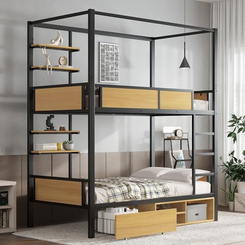letto a castello in ferro e MDF, doppio ripiano, ringhiere e scale stabili, spazio sotto, tenda montabile, nero e naturale