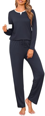 Jahetuul Pigiama Donna Cotone Lungo Leggero Pigiami da Donna Invernale Set Pigiama da Notte Lungo in 2 Pezzi Morbido e Caldo con Tasche e Coulisse S-3XL