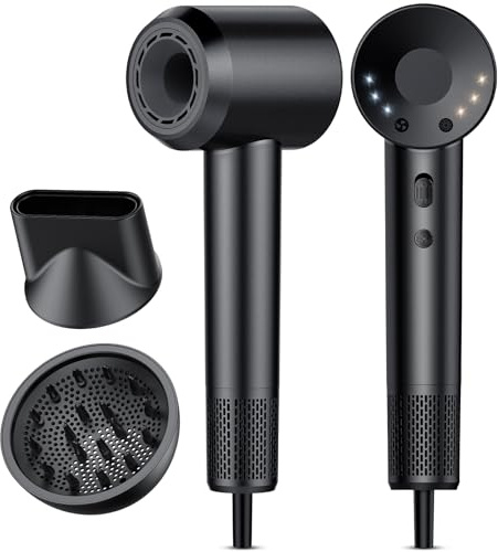 Asciugacapelli, 160.000 Giri/min Phon Capelli Professionale con 500 Milioni Ioni Negativi, 3 Velocità & 4 Temperature, Basso Rumore, Diffusore Magnetico e Ugello Inclusi, Noir