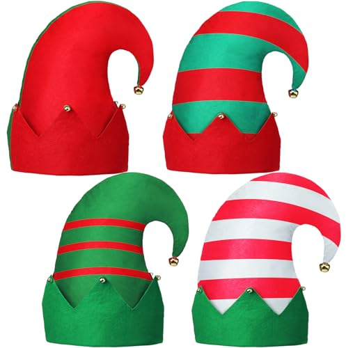 Jamntower 4 Pcs Christmas Elf Felt Hat with Bells Colorful Xmas Hats Unisex Holiday Outfit for Christmas Xmas Party Cosplay(Fashion)