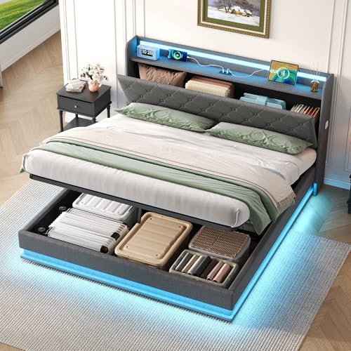 Miyemo Double Bed Frame with Storage, 4ft6 Upholstered Ottoman Bed Frame with Headboard Storage & Hydraulic, Linen Doube Bed with LED-Lighting & Charging-Station, 135x190cm, Grey, (No Mattress)