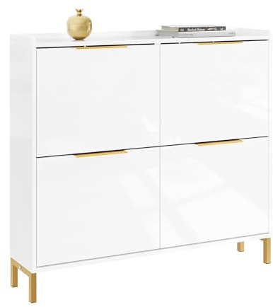 SoBuy Schuhschrank schmal mit 4 Klappen 100x88x19cm für Flur | Schuhkipper Hochglanz Weiß mit Goldgriffen, 19cm Tiefe, MDF+Eisen für kleine Wohnung FSR206-GW