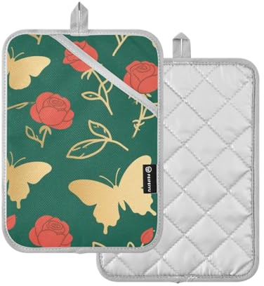 Grande presina a forma di farfalla verde e oro rosa presina per cucina con tasca forno pad confezione da 2