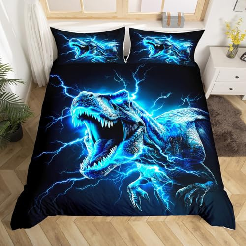 Loussiesd Dinosaur Bedding Set Single Size Kids 3D Dino Print Duvet Cover for Boys Girls Teens Jungle Dino Comforter Cover Soft Lightning Blue Room Decor Wild Animal