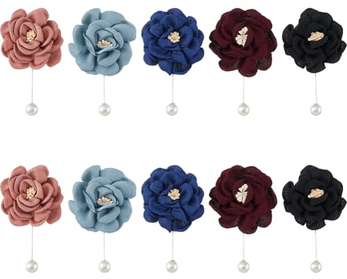 SUPERFINDINGS 10 pines de solapa de flores de 5 colores, broches florales de tela, pines de flores hechos a mano de satén con perla de plástico para hombres y mujeres, traje de boda y fiesta