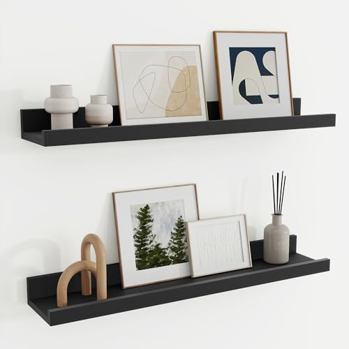 Feihorrm Wandregal Holz 60 cm, Regal Wand Schwarz Bilderleiste für Bilderrahmen und Bücher 2er Set, Schweberegal aus MDF Holz, Regalbrett Wandboard für Küche, Wohnzimmer, Schlafzimmer & Arbeitszimmer