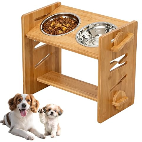 Gamelle surélevée pour chien et chat - En acier inoxydable - Avec support - Hauteur réglable de 15 ° - En bambou - Avec 2 gamelles en acier inoxydable - Pour grands chiens