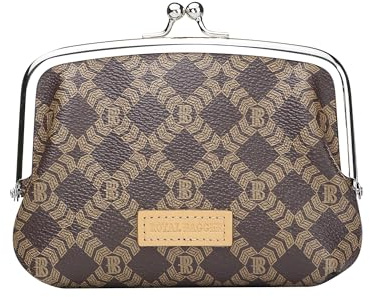 Royal Bagger Porte-Monnaie RFID pour Femmes, Pochette à Fermeture à Baiser Fashion, Organiseur de Cartes et Clés à Double Clip, Toile Enduite Signature et Cuir de Vachette Tanné Végétal 2858 (Café)