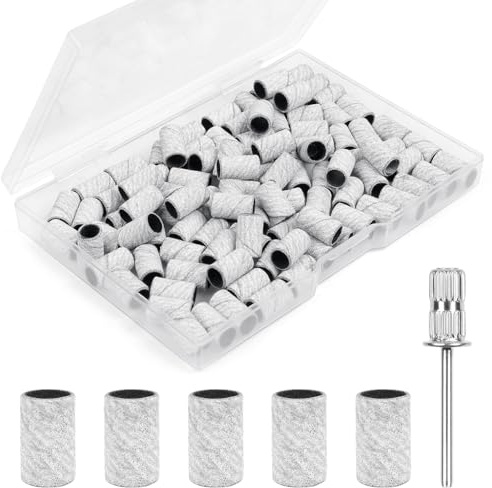 Nail Sanding Bands 100 Pcs 240 Grit Ultra-Fine Sanding Bands with 3/32” Drill Bit and Storage Box Professional Sand Band Set for Smoothing Polishing Shaping Shortening Manicure Pedicure-(White)