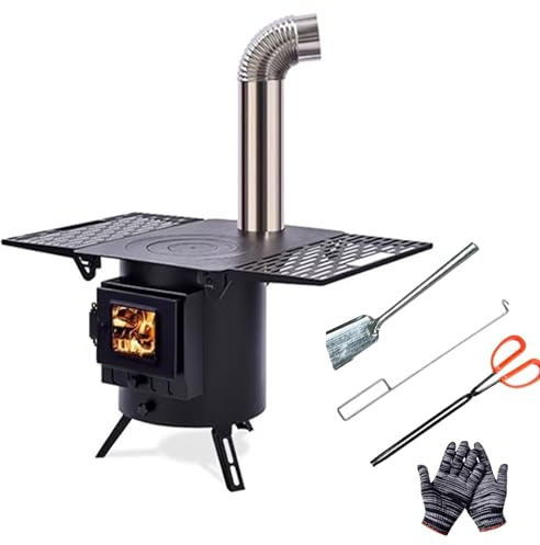 Wood Burning Heater, Portable Wood Burning Stove, Cold Rolled Steel, with Folding Side Panels, for Tent, Cooking, Camping, Includes Chimney and Other Accessories