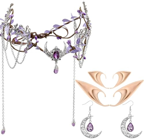MOSTORY Elfenohren Kopfschmuck Ohrringe Damen Set, Diadem mit Quasten und Mond für Cosplay Karneval Renaissance Kostüm