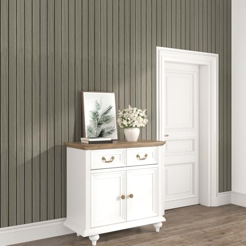 Yullpaper Grey-Brown 3d Wall Panels for Living Room Stick on Panelling for Walls Wood Slat Wallpaper Acoustic Foam Kitchen Wall Panels Sticky Back Vinyl Roll Peel and Stick Wood Panelling 30cm x 300cm