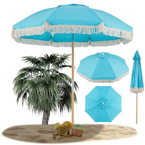 RELAX4LIFE Parasol de Plage Vintage à Franges Ø170cm Inclinable à 30° | Parasol de Jardin Anti-UV avec Mât en Bois de Hêtre, 8 Baleines en Fibre, Style Bohème pour Terrasse Plage Balcon Pique-nique