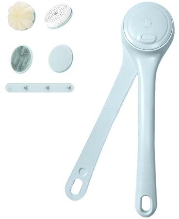 Iriisy 4 en 1 Cepillo Espalda Ducha con 4 Cabezales, Cepillo Exfoliante Corporal para Mujeres, Hombres Y Mayores IPX7, Doble Mango con Giro de 360° para Exfoliación, Masaje Y Uso en Spa (Azul)