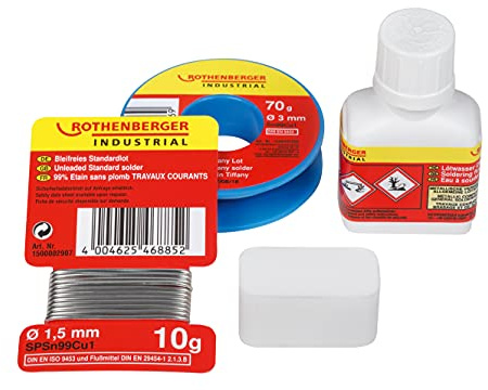 ROTHENBERGER Industrial Tiffany-Lötset – Komplettes Lötzubehör mit Flussmittel, Salmiakstein & bleifreiem Lot für Glasarbeiten, Bastler & Künstler